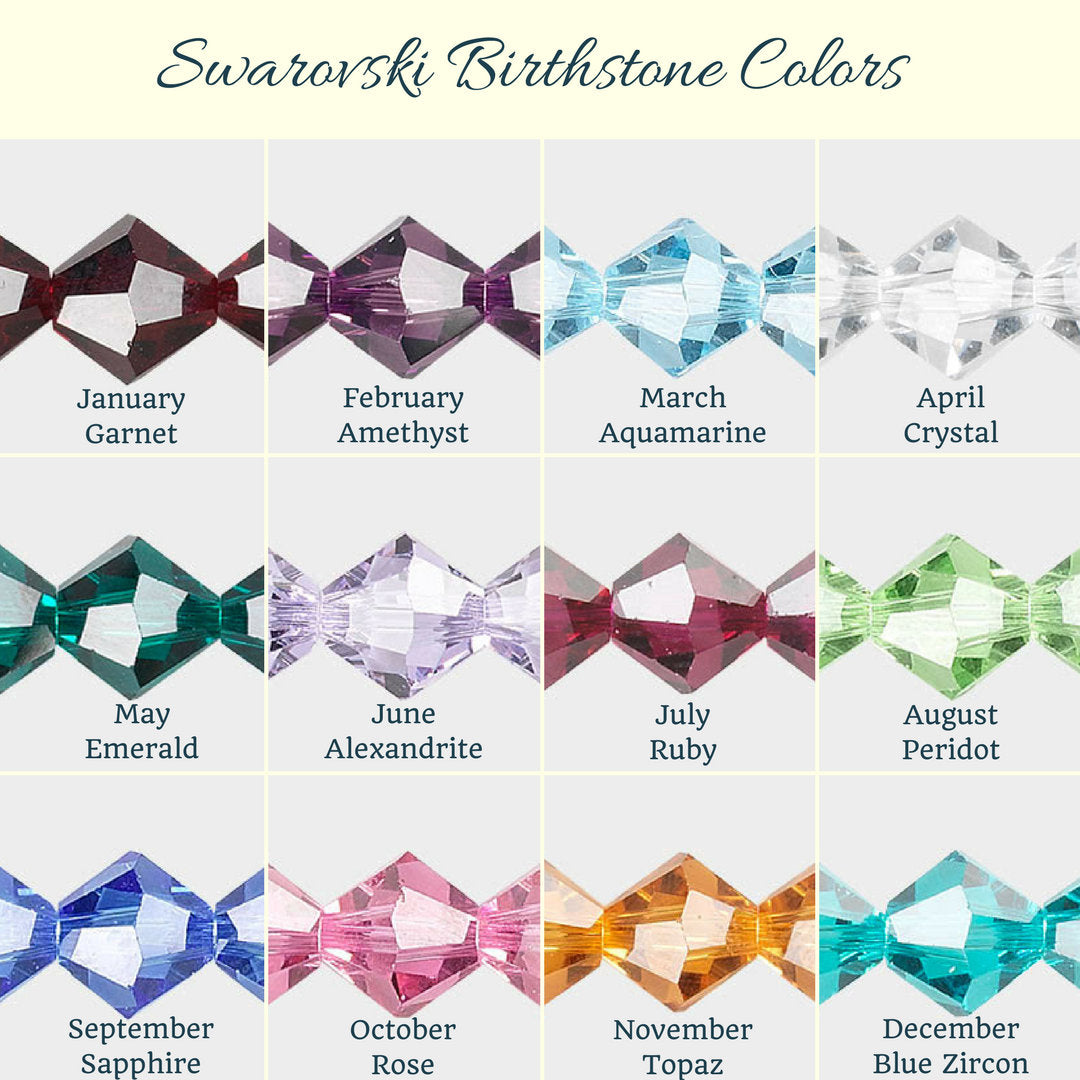 An image of Swarovski birthstone colour choices for custom birthstone tree of life jewelry from Uncorked & Bottled Up